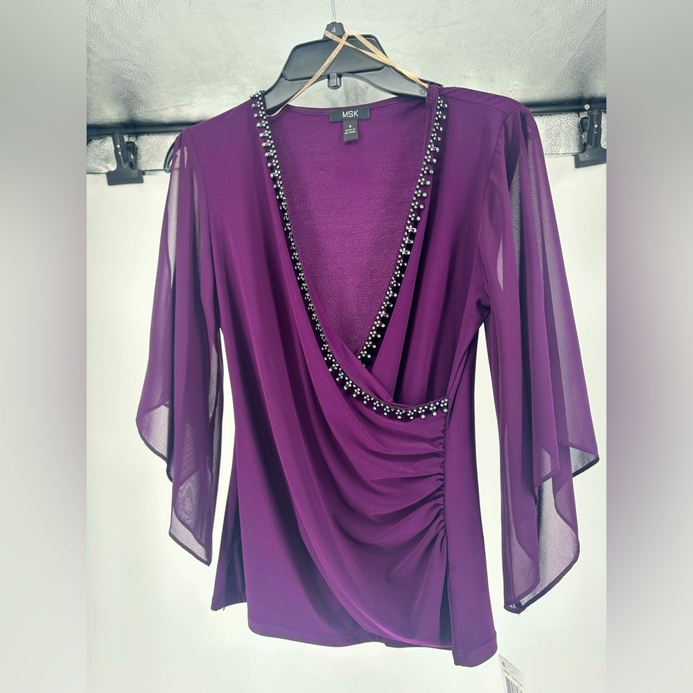 Purple MSK Blouse with Rhinestone Trim and Sheer Bell Sleeves